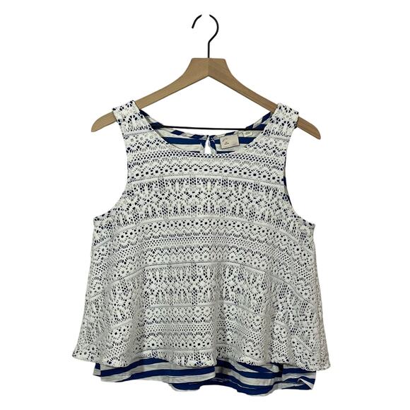 Anthropologie Postmark Crochet Lace Overlay Striped Swing Tank - White/Blue - M - Picture 1 of 11